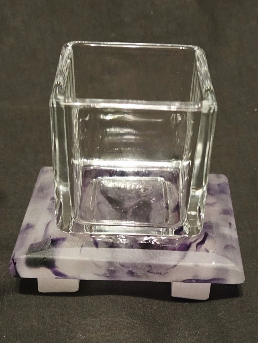Artisan Glass Votive Candle Holder on Marbled Purple Resin Pedestal Footed Base